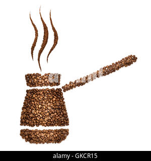 Creative still life of a copper Turkish coffee pot turk, made of coffee beans, isolated on white. Stock Photo
