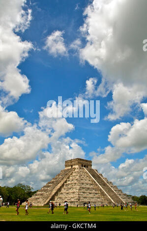 Entire Angled Facade of Chichen Itza with Clear Blue Sky, Tinúm Municipality, Yucatán State, Mexico. Stock Photo