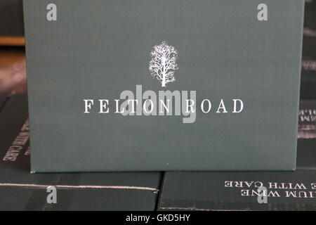 Logo on a case of wine bottles at Felton Road Wines, Bannockburn, Central Otago, New Zealand Stock Photo