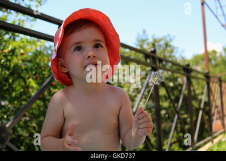 Summer joy - lovely girl blowing dandelion. small child in the garden. summer Stock Photo