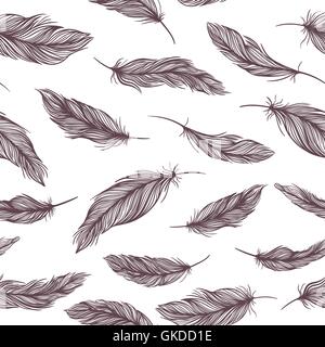 Seamless classical texture with elegant sketch hand painted feathers Stock Vector