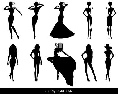 Set of ten hand drawing female black vector silhouettes isolated on the white background Stock Vector