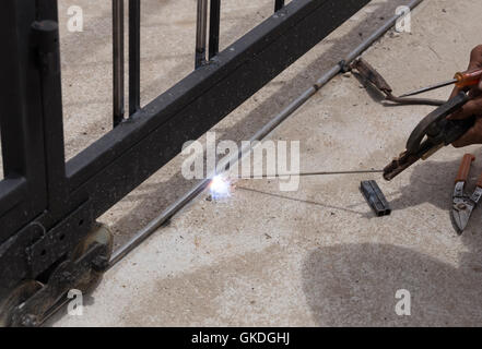 worker welding at manufacturing , welding door frames Stock Photo