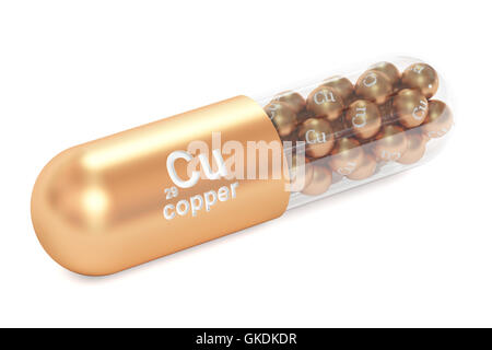 Capsule with copper Cu element Dietary supplement, 3D rendering isolated on white background Stock Photo