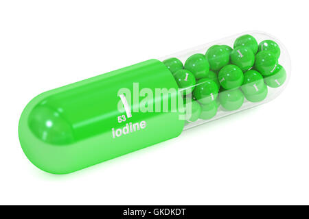 Capsule with iodine I element Dietary supplement, 3D rendering  isolated on white background Stock Photo