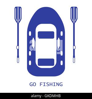 Stylized icon of a colored inflatable boat with oars for fishing on a white background Stock Vector