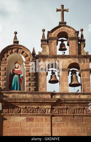 Detail of the decorated facade of the historic Cathedral in the Plaza de Armas of Cusco, Peru. Stock Photo