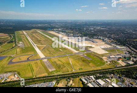 Aerial view, Tower Airport, air traffic control, overview on the runways 05L and 05R, Airport City 2, Controler, Dusseldorf Stock Photo