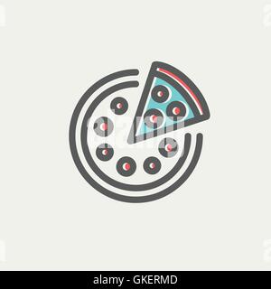 Whole pizza with slice thin line icon Stock Vector