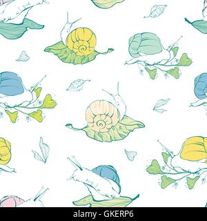 Vector lineart snails on leaves seamless pattern background Stock Vector