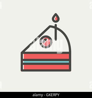Slice of Cake with candle thin line icon Stock Vector