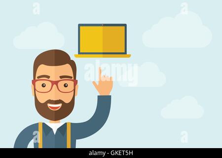 Man pointing the laptop icon Stock Vector
