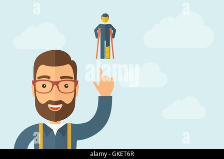 Man pointing the man with crutches icon Stock Vector