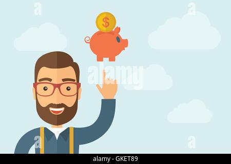 Man pointing the piggy bank icon Stock Vector