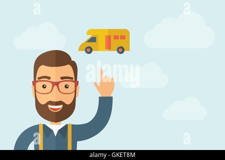 Man pointing the delivery van icon Stock Vector