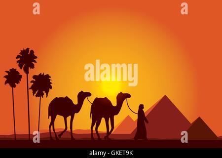 Egypt Great Pyramids with Camel caravan on sunset background Stock Vector