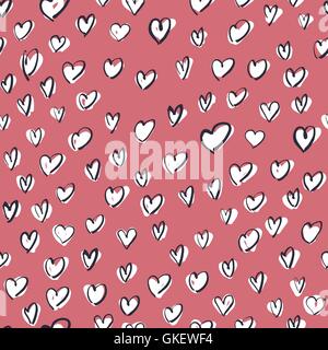 White Hearts on Pink Background. Seamless Hand Drawn Pattern Stock Vector