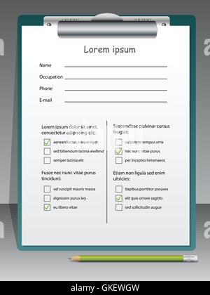 Questionnaire with ticks on a clipboard Stock Vector