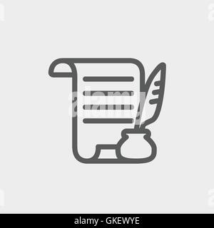 Paper scroll with feather pen thin line icon Stock Vector