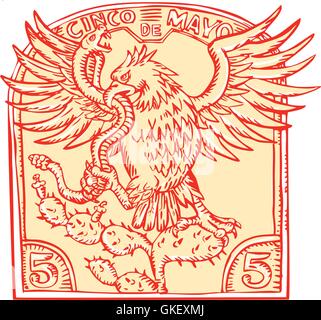 Mexican Eagle Devouring Snake Etching Stock Vector