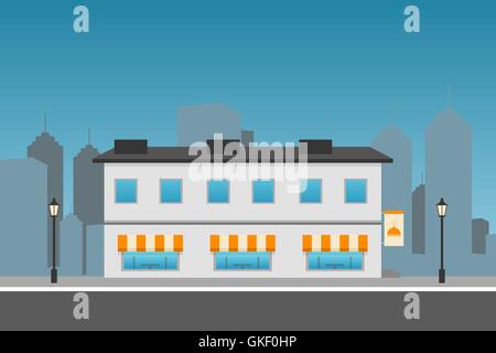 Cityscape with restaurant building. Flat illustration. Stock Vector