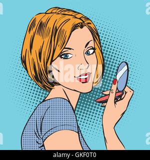 face of a girl with her compact mirror makeup woman pop art comi Stock Vector