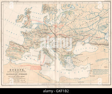 Barbarian invasion of Europe on the Fall of the Roman Empire. JOHNSTON, 1855 map Stock Photo