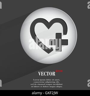 heart plus. Flat modern web button with long shadow and space for your text Stock Vector