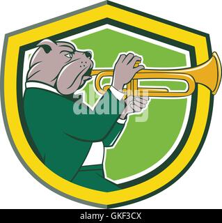 Bulldog Blowing Trumpet Side Shield Cartoon Stock Vector