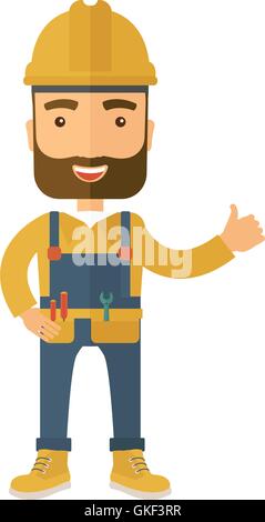 Illustration of a happy carpenter wearing hard hat and overalls Stock Vector