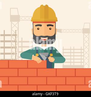Builder man is building a brick wall. Stock Vector