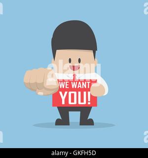 Businessman pointing finger towards you with word we want you, we're hiring and recruitment concept Stock Vector