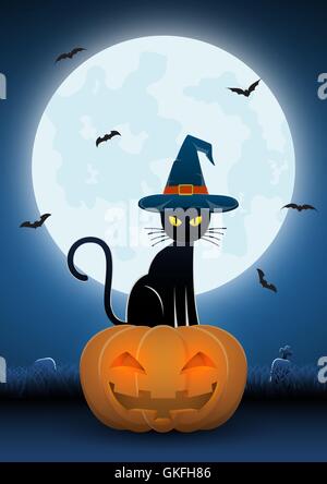 Black cat wearing witches hat sit on pumpkin head with full moon and vampire bats in background, Happy Halloween background card
