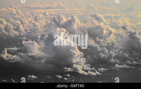 Cloudy sky as seen from a flying plane, in black and white Stock Photo