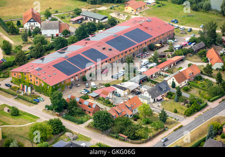 Aerial view, barn Bollewick Landhotel Zur Scheune, Long Barn, largest stone barn in Germany, Bollewick,Mecklenburg Lake District Stock Photo