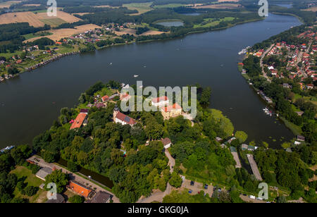 Aerial view, castle island Mirow with Johanniterkirche Johanniter church,  Castle Schloss Mirow, Three Queens Palace, Lake Mirow Stock Photo