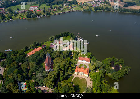 Aerial view, castle island Mirow with Johanniterkirche Johanniter church,  Castle Schloss Mirow, Three Queens Palace, Lake Mirow Stock Photo