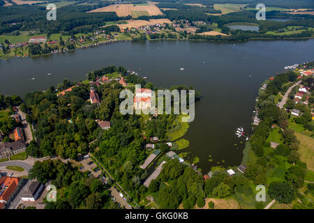 Aerial view, castle island Mirow with Johanniterkirche Johanniter church,  Castle Schloss Mirow, Three Queens Palace, Lake Mirow Stock Photo