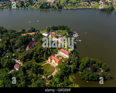 Aerial view, castle island Mirow with Johanniterkirche Johanniter church,  Castle Schloss Mirow, Three Queens Palace, Lake Mirow Stock Photo