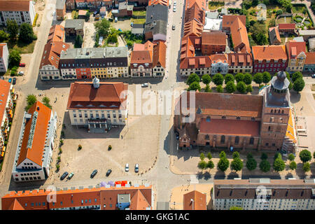 Aerial view, church St.Johannis, townhall of Malchin with city administration, Malchin, Mecklenburg Lake District Landscape, Stock Photo