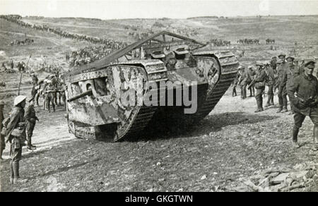 Mark I Male Tank C19, moves up to the front through Chimpanzee Valley on the 15th September 1916, the first use of tanks in battle, on the Somme to Flers - Courcelette. Chimpanzee Valley is just to the west of Hardecourt and was used as a staging area on the way up to the front. Stock Photo