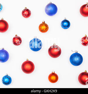 various blue, red, orange christmas balls on white background Stock Photo