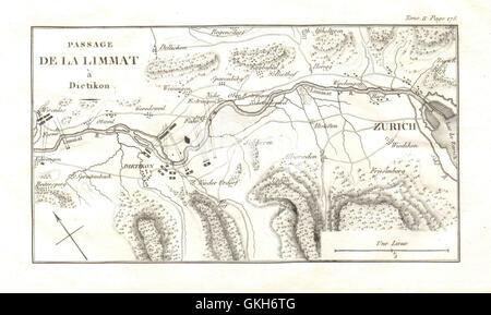 Second Battle of Zurich 1799. Passage of the Limmat at Dietikon, 1819 old map Stock Photo