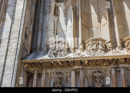 Detail of gothic portico in south facade of Santa Maria cathedral. Gerona, Costa Brava, Catalonia, Spain. Stock Photo