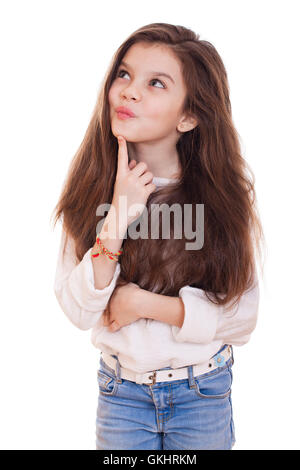 Cute girl deep in thought looking away, isolated on white background Stock Photo