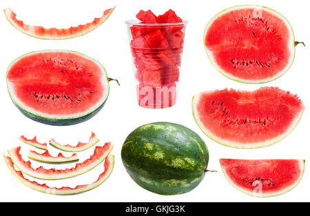 set from whole and sliced watermelons and rinds isolated on white background Stock Photo