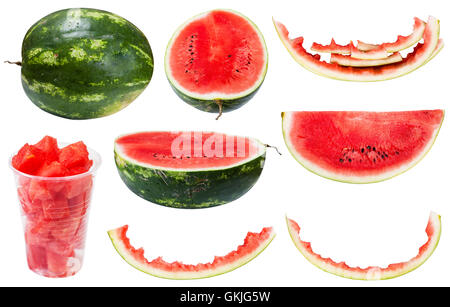 collection from whole and sliced watermelons and rinds isolated on white background Stock Photo