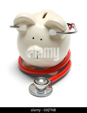 Piggy Bank with Red Stethoscope Isolated on White Background. Stock Photo