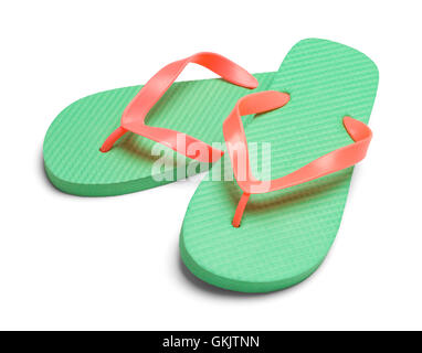 Pair of Light Green Flip Flops Isolated on White Background. Stock Photo