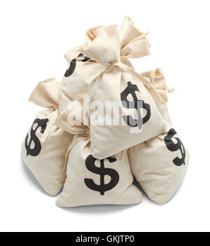 Pile of Bank Money Bags Isolated on White Background. Stock Photo